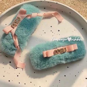Korean Kfashion Monogram Y2K Pastel Blue Fur Pink Ribbon Bow Hair Accessory Clip